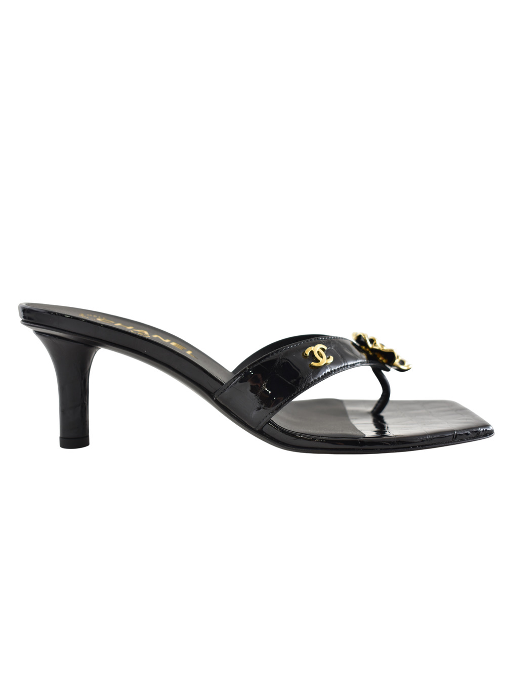 Chanel 26A Black Crocodile Croc CC Flower Backless Mule Heel Thong Sandal 37 - Picture 1 of 16